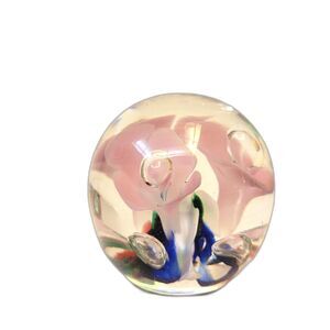 Art Glass Paperweight Pink Flowers Clear Bubbles Paperweight